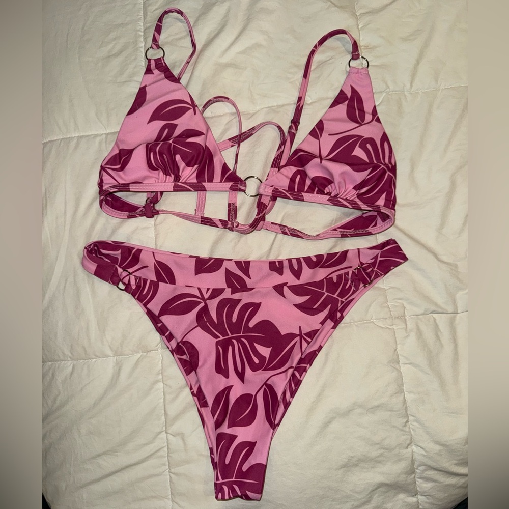Pink Leaf Print Bikini Set
